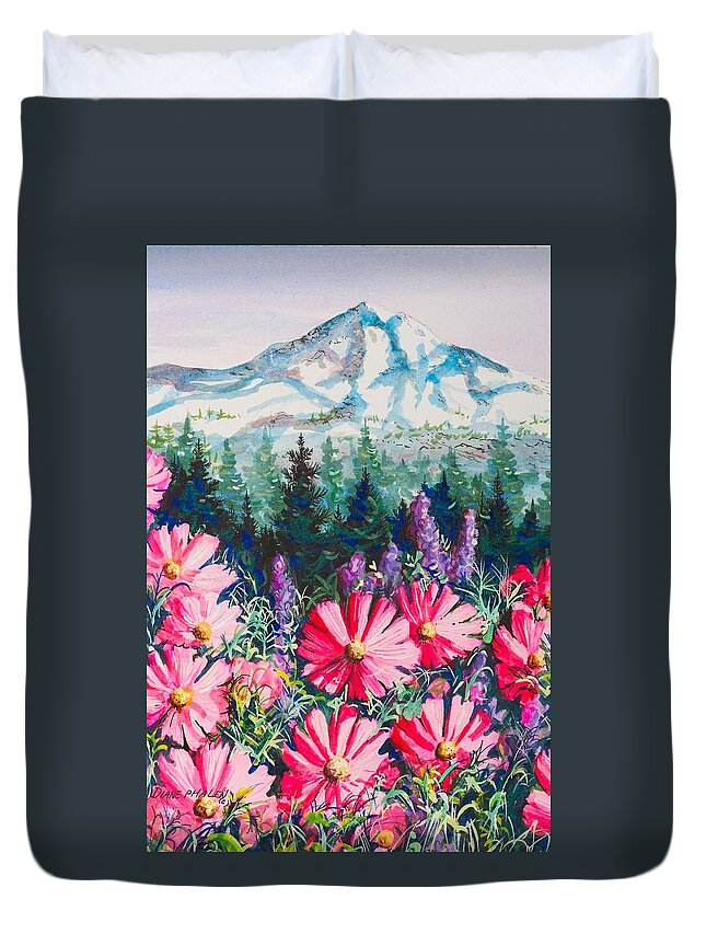 Mountain Duvet Cover featuring the painting Mt. Hood Cosmos by Diane Phalen