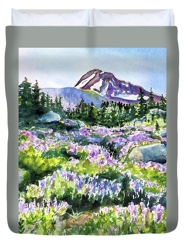 Mount Hood Duvet Cover featuring the painting Mt. Hood Timberline Trail Oregon by Carlin Blahnik CarlinArtWatercolor