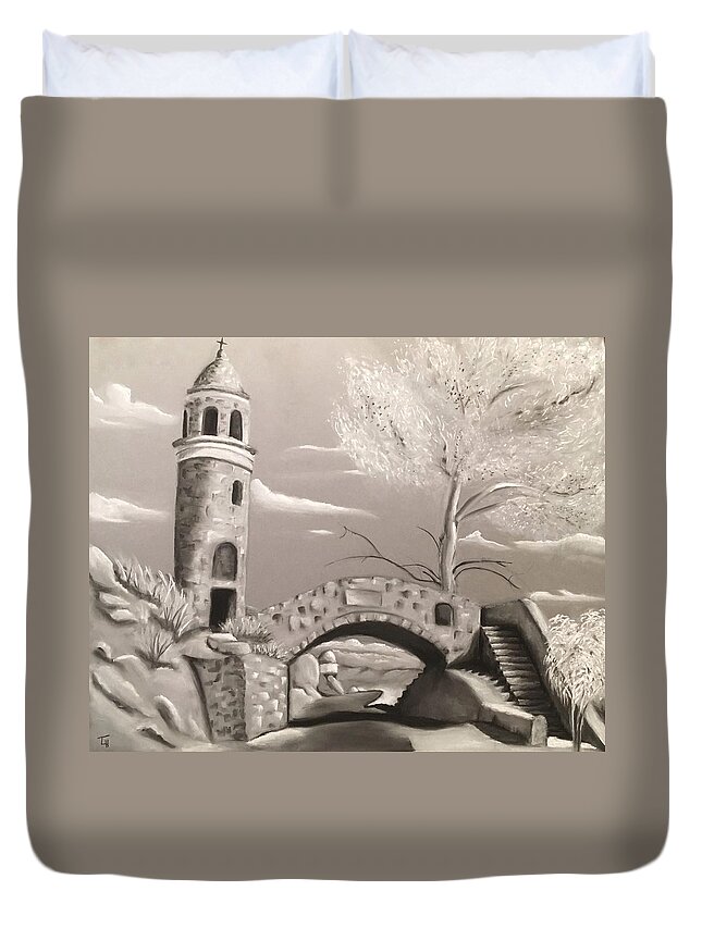 Mt. Rubidoux Duvet Cover featuring the drawing Mt. Rubidoux Peace Tower by Tracy Hutchinson