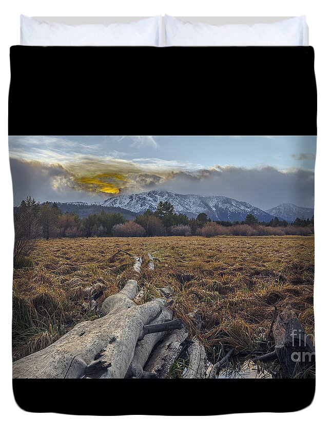 Golden Hour Duvet Cover featuring the photograph cloud shrouded Mt. Tallac, Desolation Wilderness, California, U.S.A., autumn sunset by PROMedias US