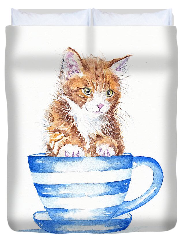 Kitten Duvet Cover featuring the painting Storm in a teacup by Debra Hall