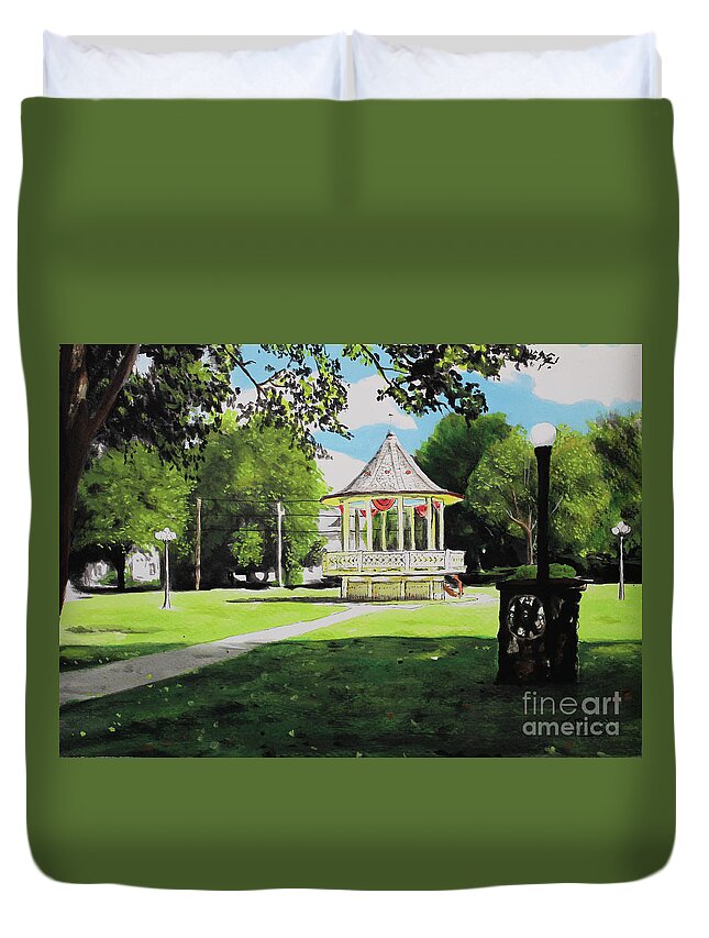Gazebo Duvet Cover featuring the painting Muldoon Park Gazebo by James Ackley