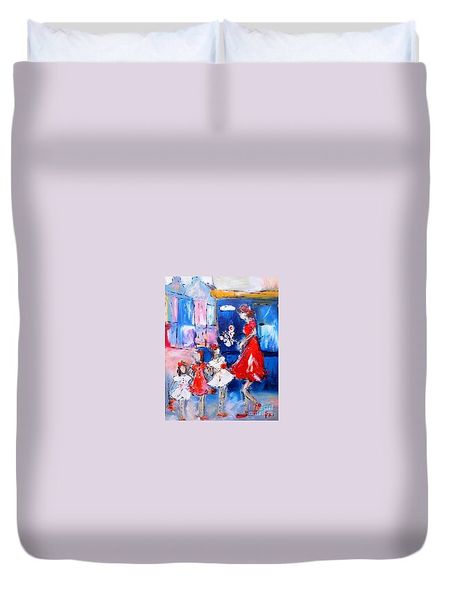 Family Paintings Duvet Cover featuring the painting Paintings Of Mum And Girls Go Shopping In Galway by Mary Cahalan Lee - aka PIXI