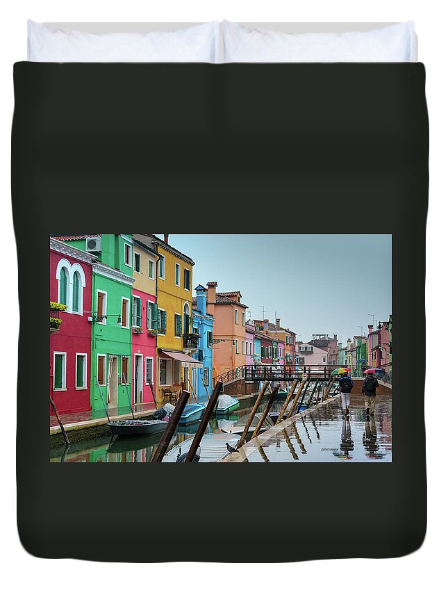 Rain Duvet Cover featuring the photograph Murano Colourful Streets in the Rain by Andrew Lalchan