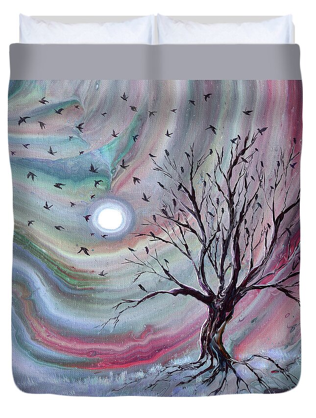 Starlings Duvet Cover featuring the painting Murmuration from a Bare Tree by Laura Iverson