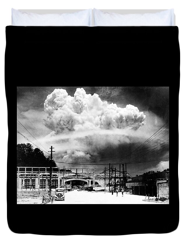 Atomic Bomb Duvet Cover featuring the photograph Mushroom Cloud Over Nagasaki From Koyagi-jima - WW2 - 1945 by War Is Hell Store
