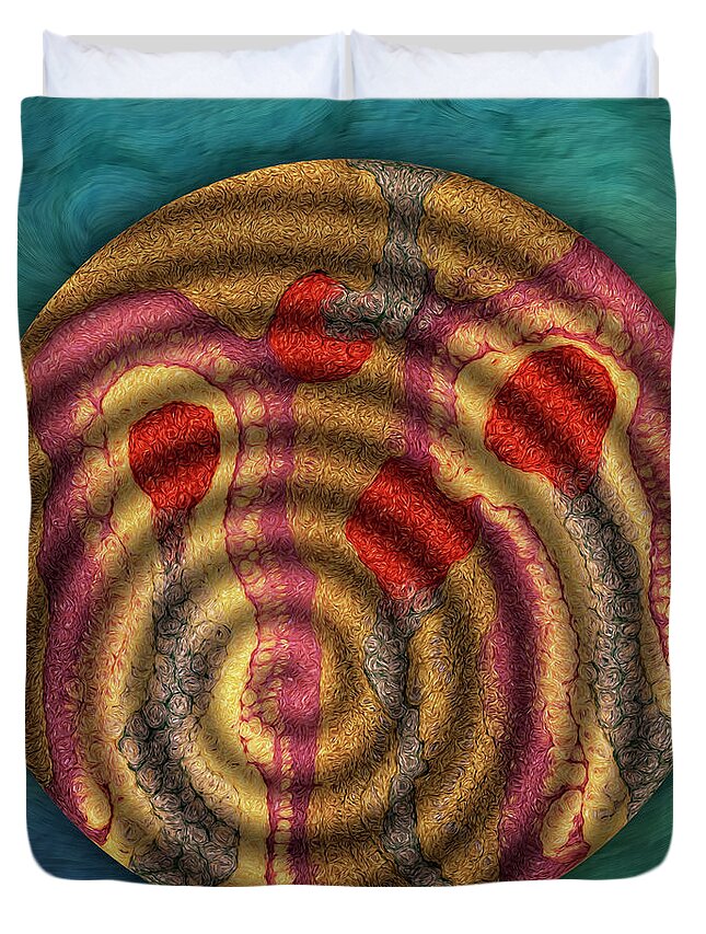 Abstract Experimentalism Duvet Cover featuring the digital art Musical Cherries by Becky Titus