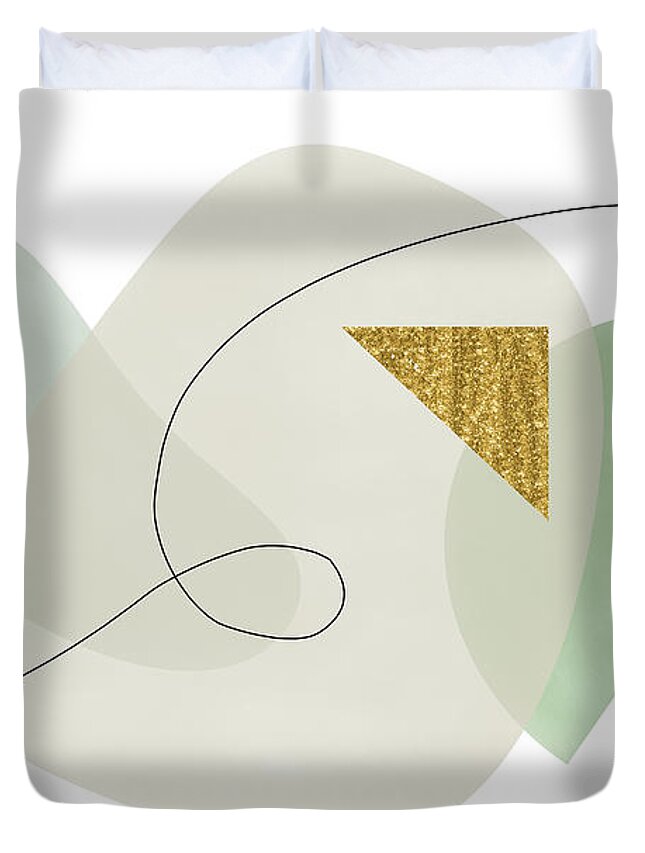 Semi-circle Duvet Cover featuring the digital art Muted Green Shapes with Gold Triangle by Alison Frank