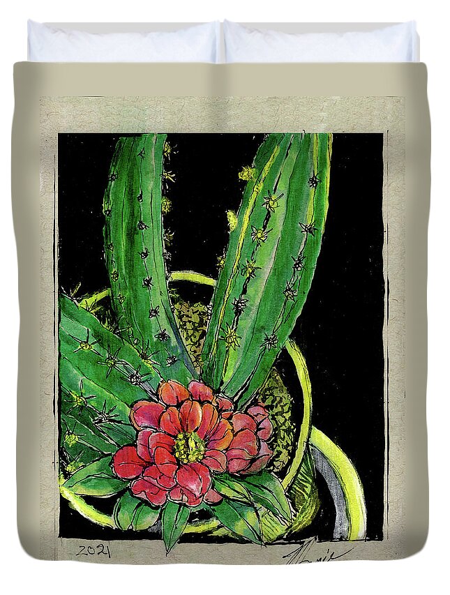 Flowers Duvet Cover featuring the drawing My Cactus by Marnie Clark