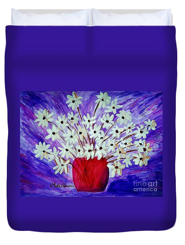 Blue Daisy Duvet Cover featuring the painting My Daisies Blue version by Ramona Matei