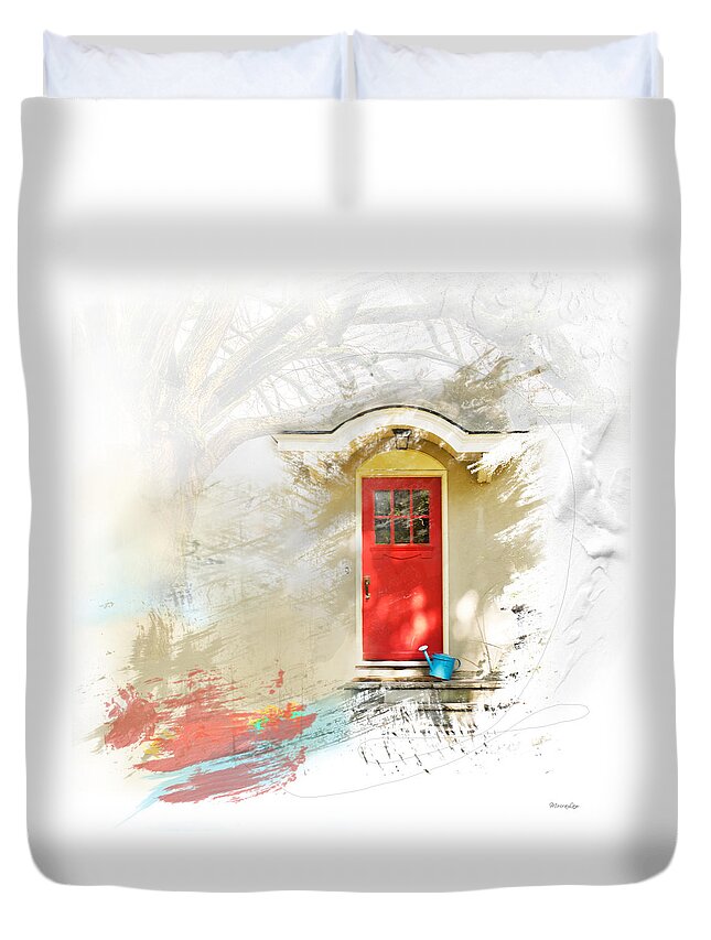 Door Duvet Cover featuring the mixed media My Garden Door by Moira Law
