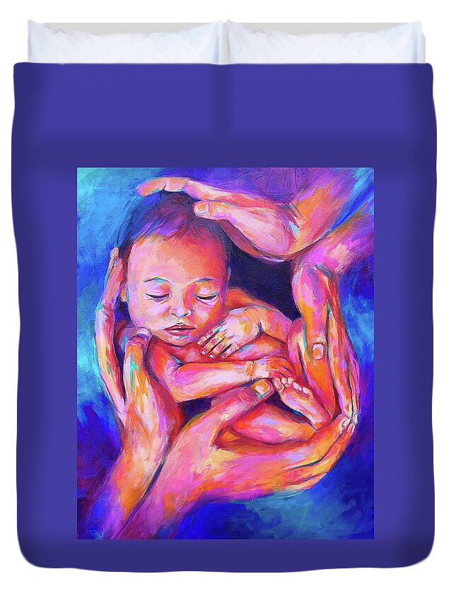 Newborn Duvet Cover featuring the painting My Life Begins Again by Luzdy Rivera