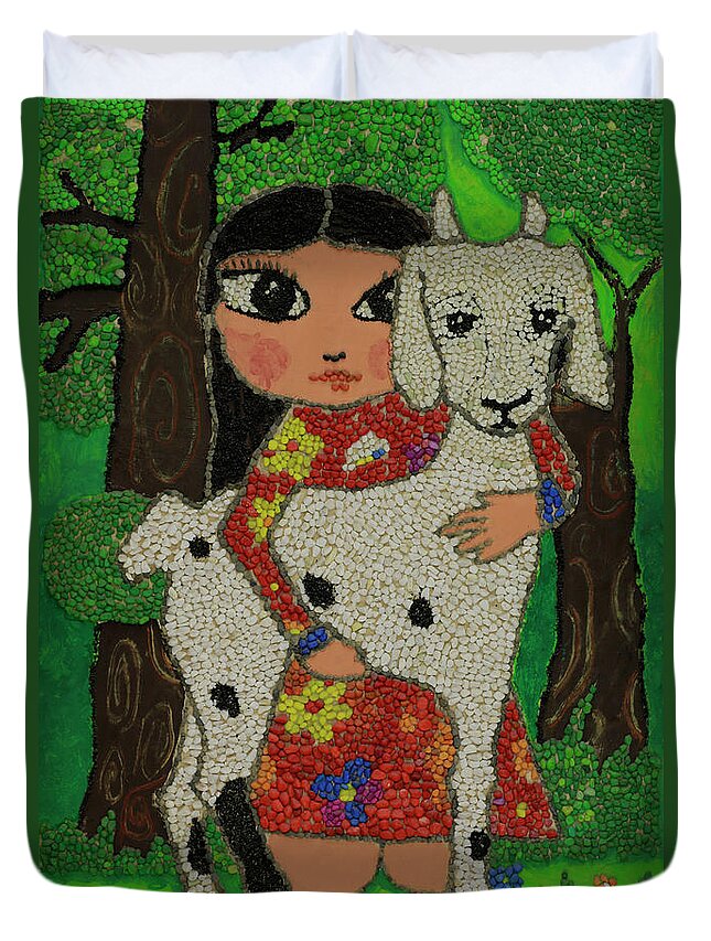 Girl Duvet Cover featuring the painting My little Tsondoohoi by Shurentsetseg Batdorj