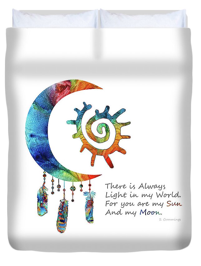 Native American Art Duvet Cover featuring the painting My Sun and My Moon - Colorful Love Art - Sharon Cummings by Sharon Cummings