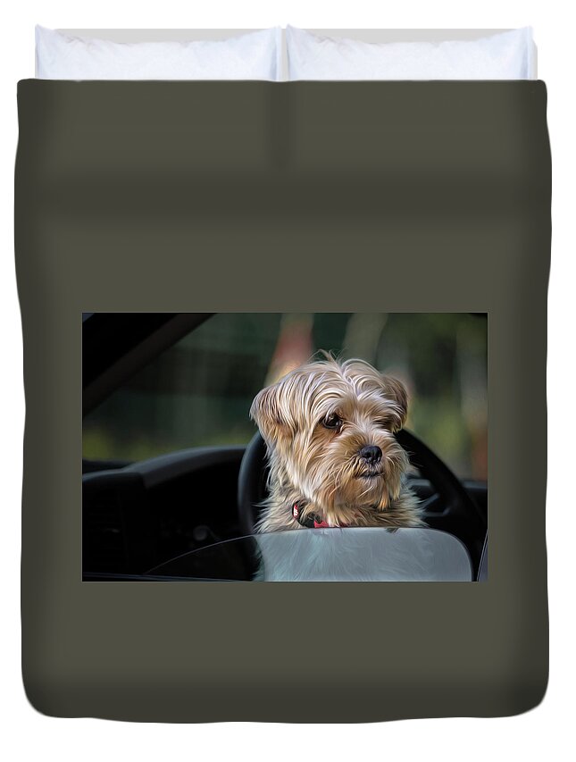 Dog Duvet Cover featuring the photograph My Turn to Drive by Linda Villers