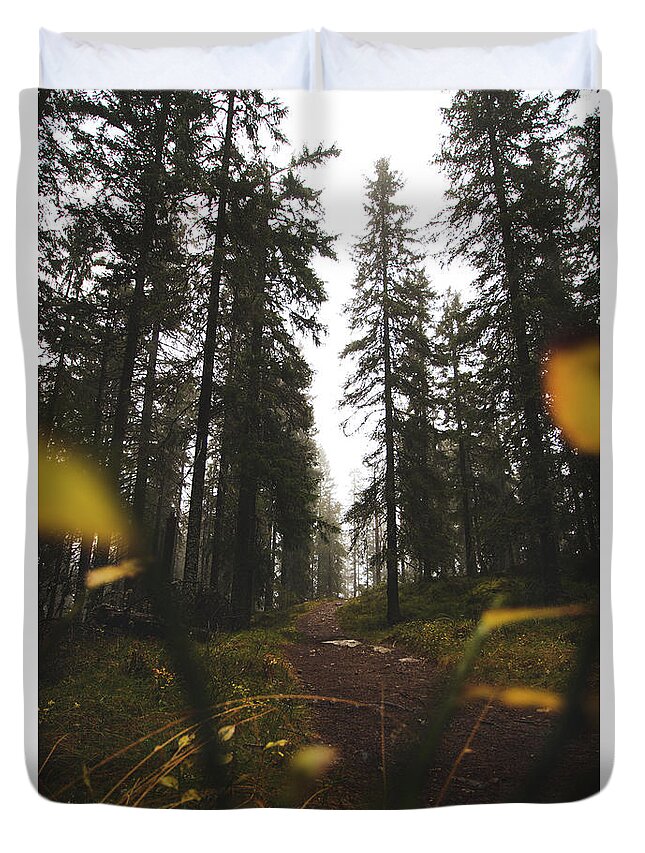 Outdoor Duvet Cover featuring the photograph Mysterious misty forest in the rain by Vaclav Sonnek