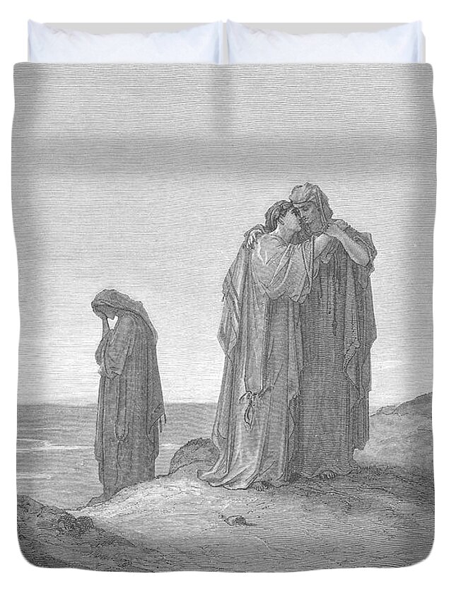 Naomi Duvet Cover featuring the drawing Naomi and Her Daughters-In-Law by Gustave Dore v1 by Historic illustrations