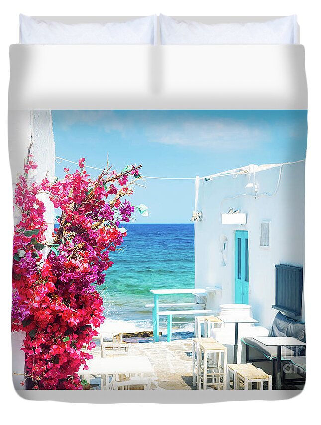 Aegean Duvet Cover featuring the photograph Naoussa white street by Anastasy Yarmolovich