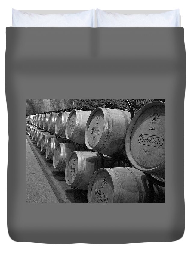 Wine Duvet Cover featuring the photograph Napa Wine Barrels in Cellar by Shane Kelly