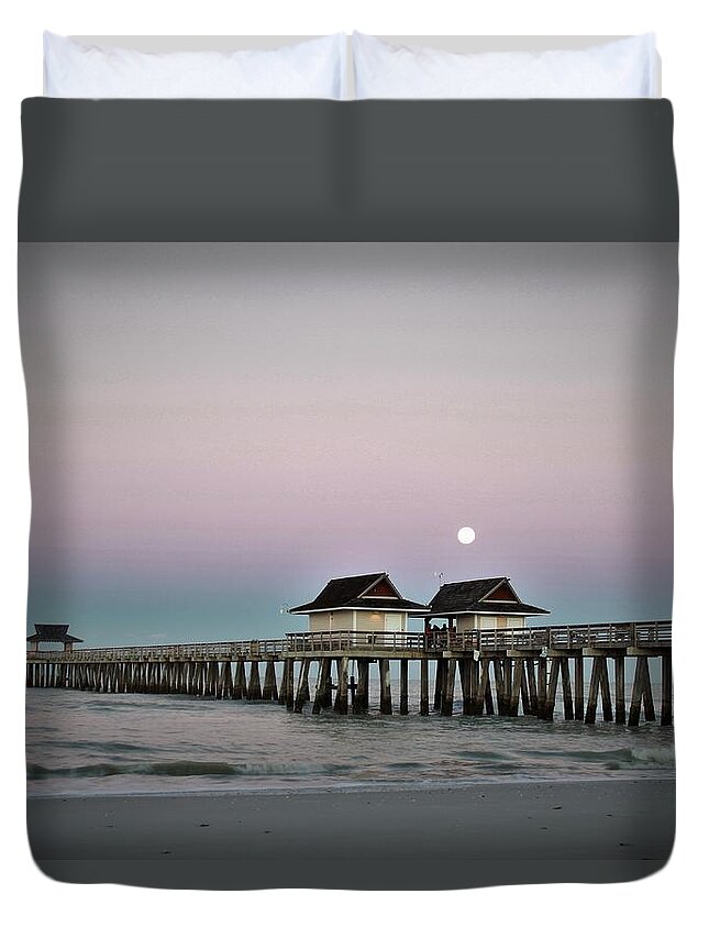  Duvet Cover featuring the photograph Naples Pier Moonset by Donn Ingemie