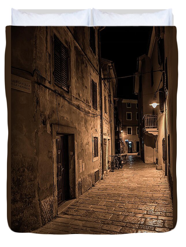 Accommodation Duvet Cover featuring the photograph Narrow Alley With Old Houses In The Village Fazana In Croatia by Andreas Berthold