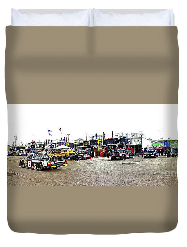 Nascar Duvet Cover featuring the photograph NASCAR Camping World Truck Series panorama garage area by Pete Klinger