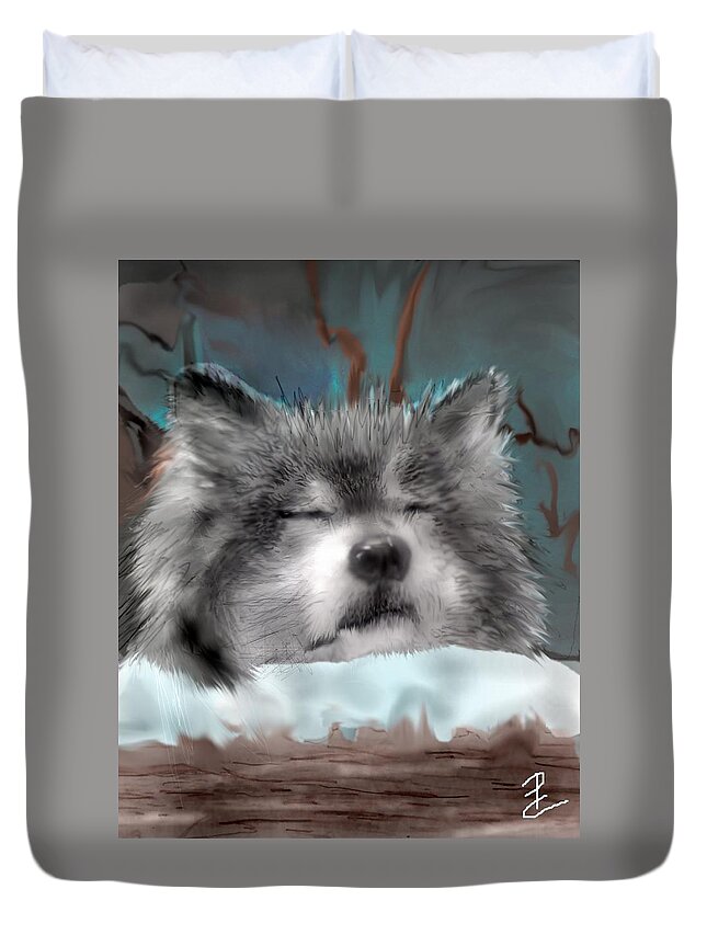 Wolf Resting On Snowy Log Duvet Cover featuring the mixed media Nashoba Rests by Pamela Calhoun