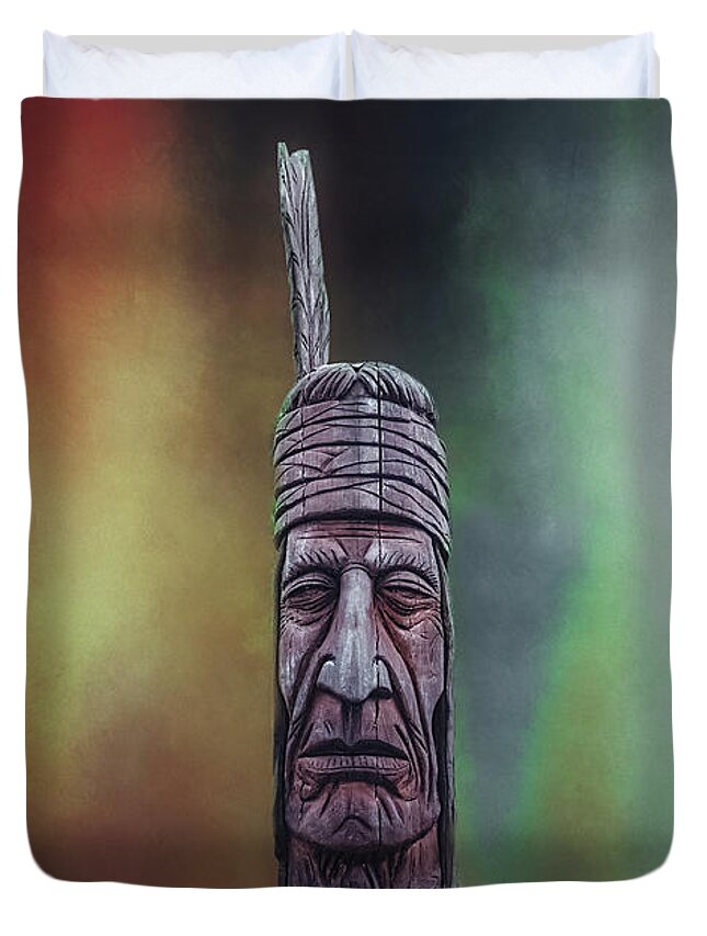 Totem Duvet Cover featuring the mixed media Native American Totem Artistry by DB Hayes