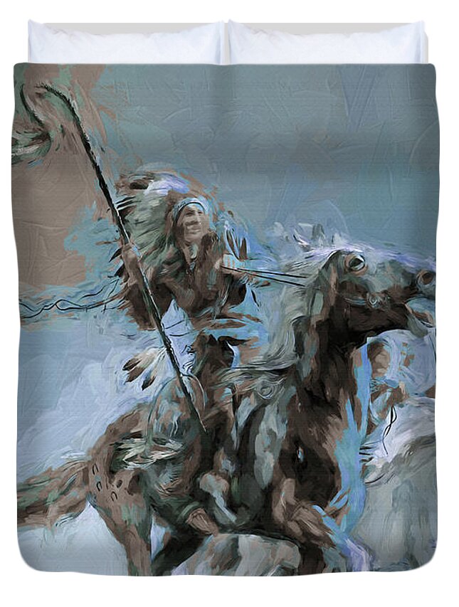 Westcoast Duvet Cover featuring the painting Native on Horse fighting 01 by Gull G
