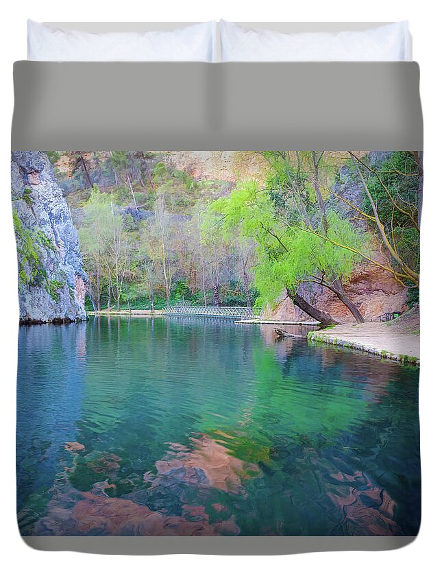 Canvas Duvet Cover featuring the photograph Natural park of the monastery of Piedra - Orton glow Edition - 1 by Jordi Carrio Jamila