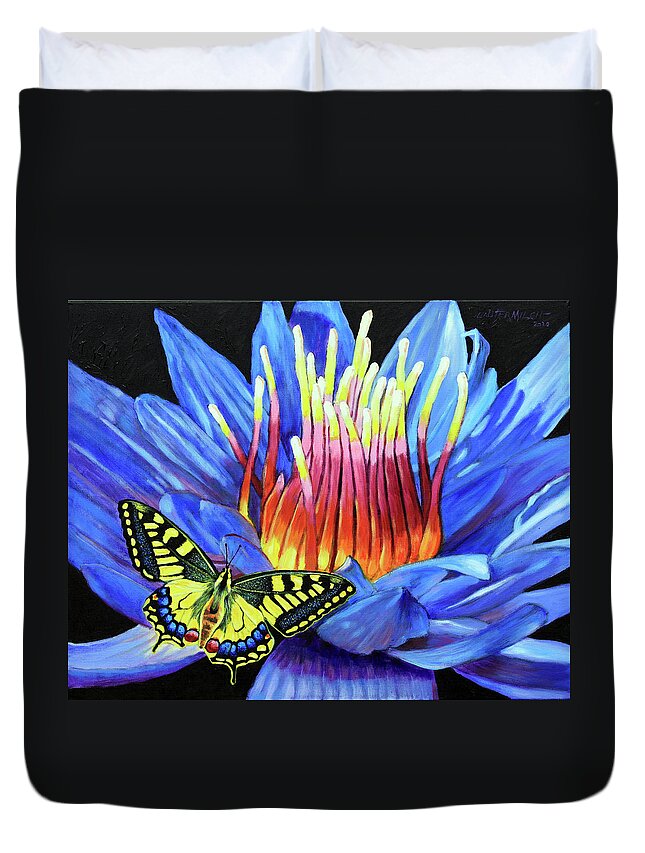 Water Lily Duvet Cover featuring the painting Natures Fireworks by John Lautermilch