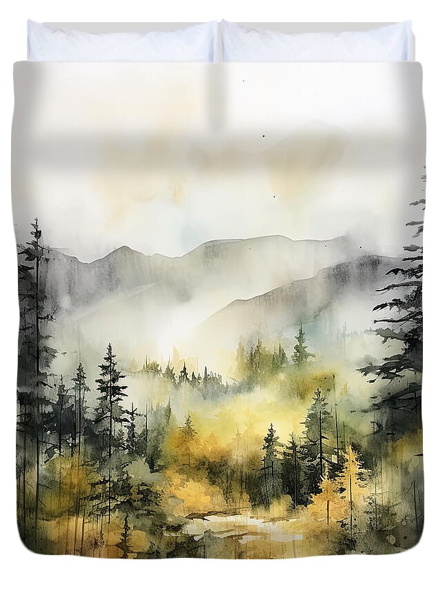 Evergreen Art Duvet Cover featuring the painting Nature's Palette - Pine Forests Paintings by Lourry Legarde