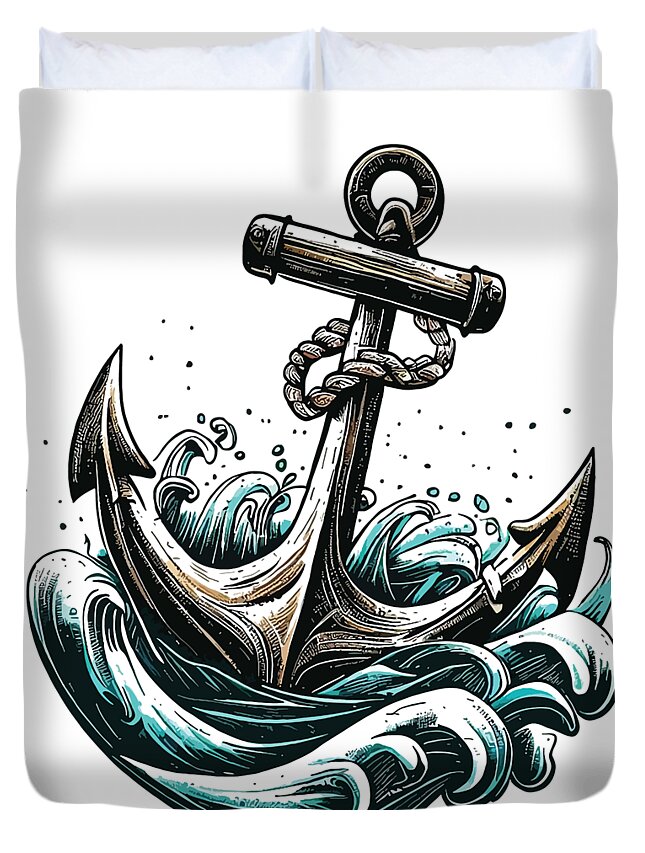 Cool Duvet Cover featuring the digital art Nautical Retro Ship Anchor by Flippin Sweet Gear