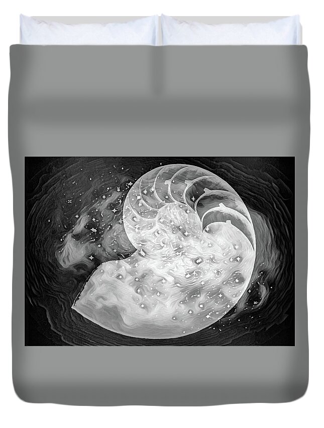 Seashell Duvet Cover featuring the photograph Nautilus Shell in the Waves II Black and White by Debra and Dave Vanderlaan