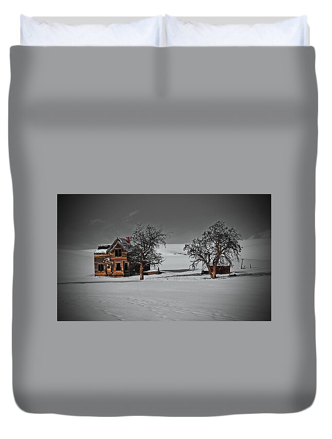  Duvet Cover featuring the digital art Nelson Homestead, winter 2018 by Fred Loring