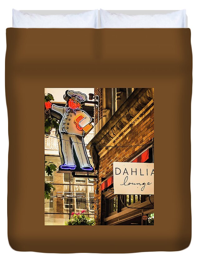 Urbanliving Duvet Cover featuring the photograph Neon Chef by Grey Coopre