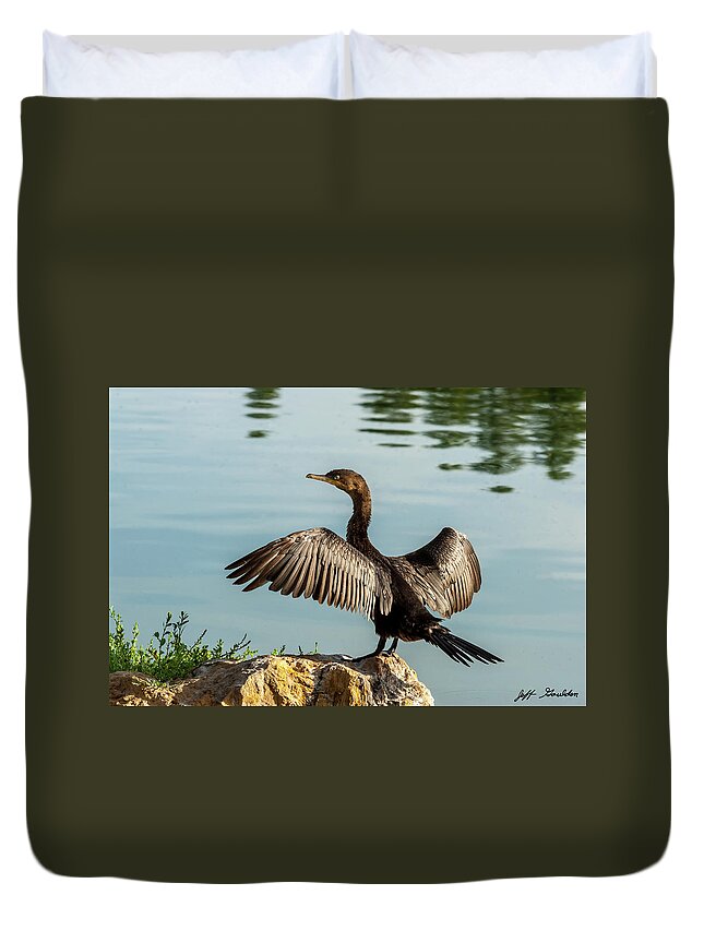 Animal Duvet Cover featuring the photograph Neotropic Cormorant with Wings Spread by Jeff Goulden