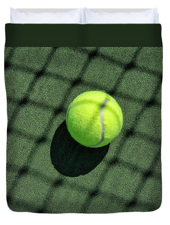 Tennis Duvet Cover featuring the photograph Net Shadows On Tennis Court And Tennis Ball by Gary Slawsky