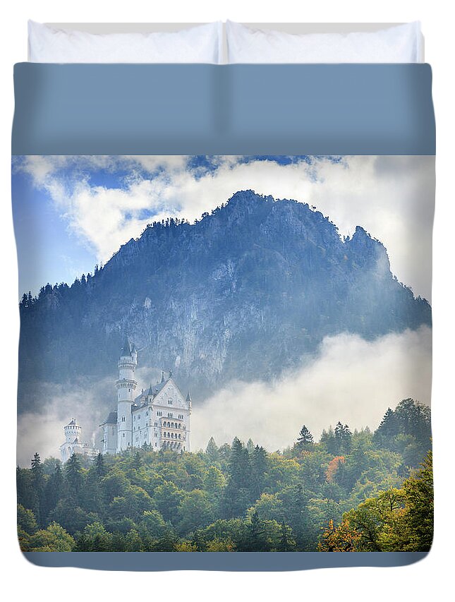 Alps Duvet Cover featuring the photograph Neuschwanstein Castle in morning fog by Alexey Stiop