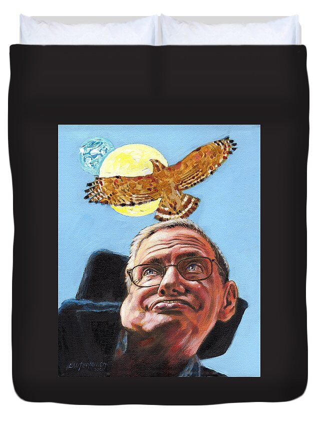 Stephen Hawking Duvet Cover featuring the painting Never Give UP by John Lautermilch