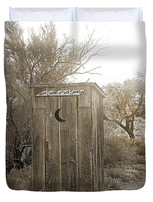 Outhouse Duvet Cover featuring the photograph Never Squat With Your Spurs On, Sepia by Don Schimmel