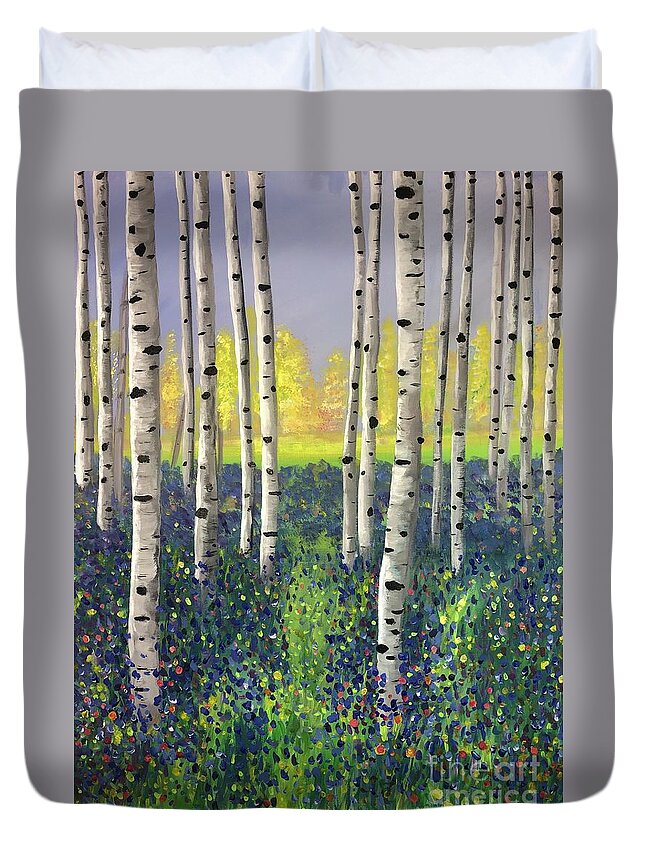 Birch Trees Duvet Cover featuring the painting New Beginnings by Stacey Zimmerman