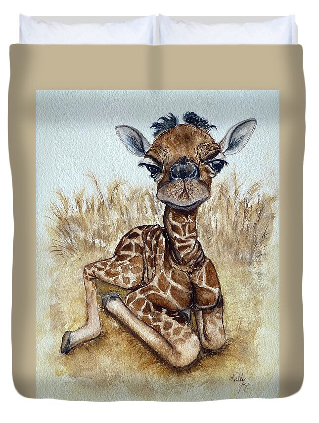 Baby Giraffe Duvet Cover featuring the painting New Born Baby Giraffe by Kelly Mills