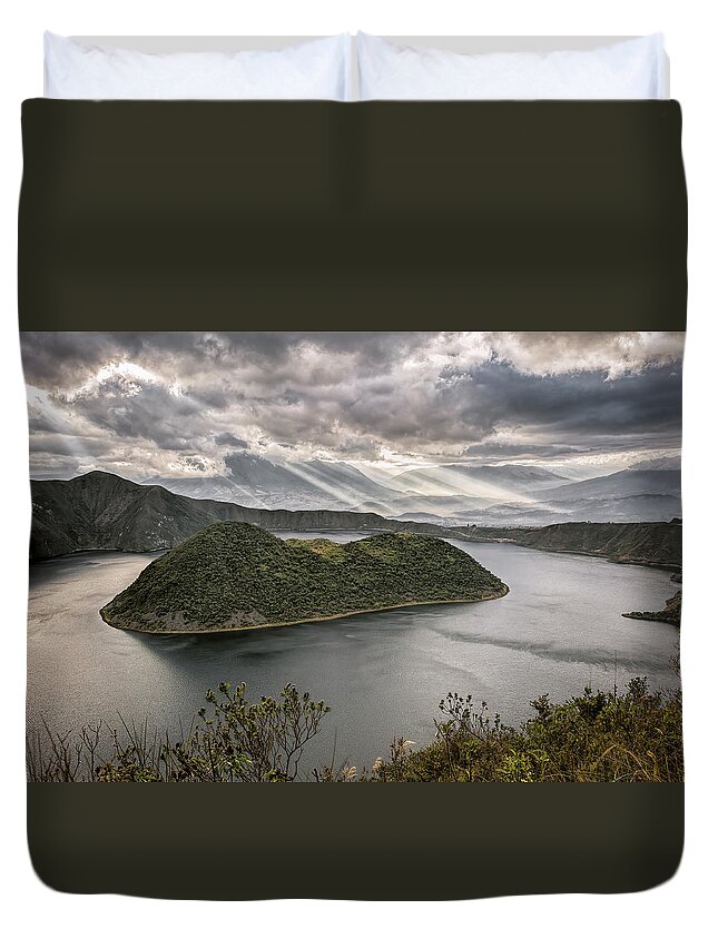 Andes Duvet Cover featuring the photograph New day at the Cuicocha lake by Henri Leduc