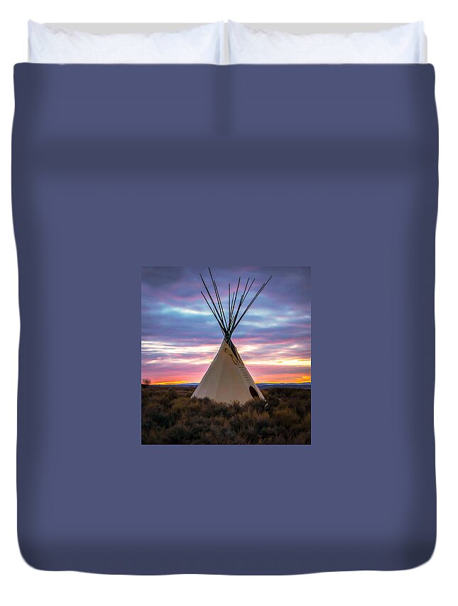Taos Duvet Cover featuring the photograph New Mexico Sunset with a Tipi by Elijah Rael