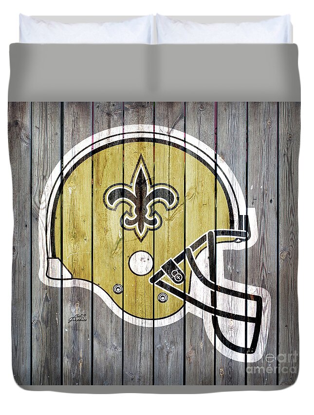 New Orleans Saints Duvet Cover featuring the digital art New Orleans Saints Wood Helmer by CAC Graphics