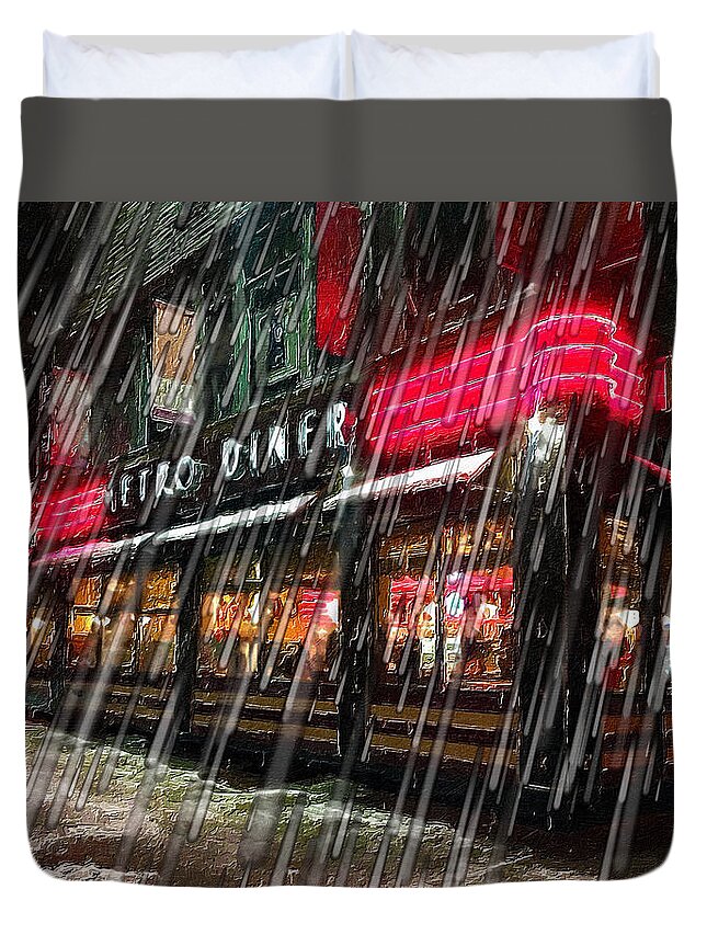 Water Duvet Cover featuring the painting New York City Skyline Rain Snow Storm Diner by Tony Rubino