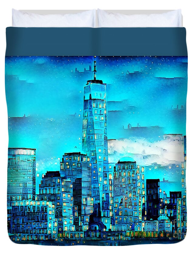 Wingsdomain Duvet Cover featuring the photograph New York Lower Manhattan One World Trade Center City Light Blues 20200804 by Wingsdomain Art and Photography