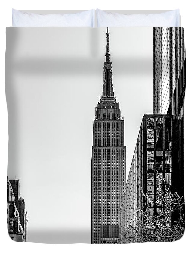 New York City Duvet Cover featuring the photograph New York's Iconic Empire State Building, Black and White by Marcy Wielfaert