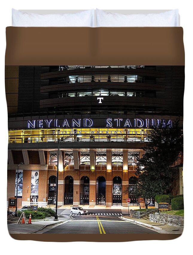 University Of Tennessee At Night Duvet Cover featuring the photograph Neyland Stadium at the University of Tennessee at night by Eldon McGraw